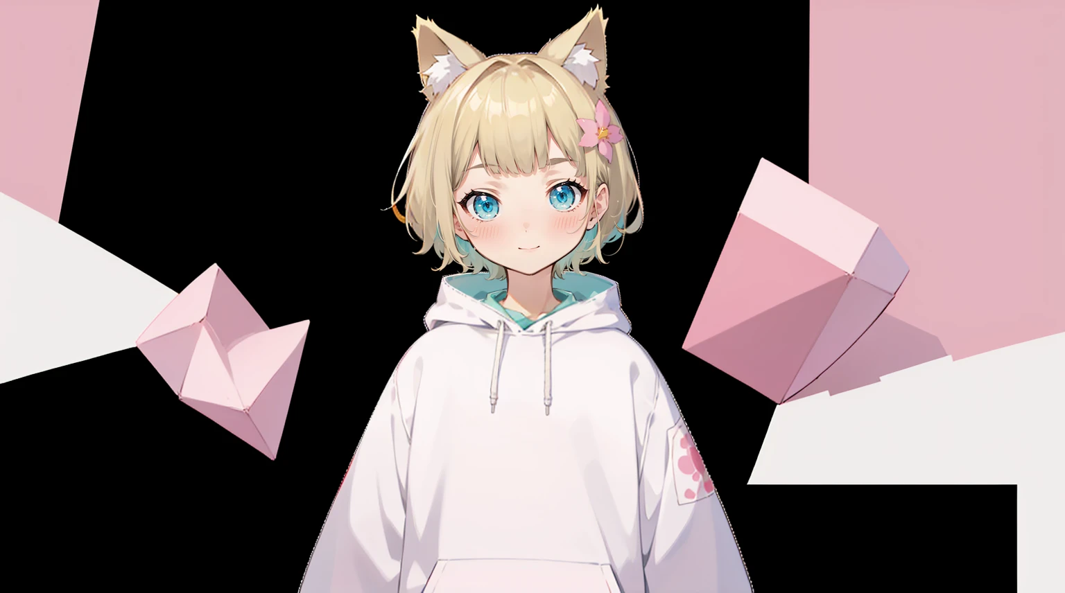 Blonde Hair、Pink hoodie、大きなFlower Hair Ornaments、An unprecedented number of draws、Flower Hair Ornaments、Floral Hair Accessories、Blonde、Cat ear、Pink hoodie、high quality、Colorful color palette、high resolution、pretty girl、 Pink hoodie、An unprecedented number of draws、Anime Style、Geometric background、Sticker Style、short hair、Blonde、Turquoise Eyes, Messy Hair, Pink hoodie、髪と同じ色のCat ear、front, Hands posing, Until death, Bondage, Baggy clothes