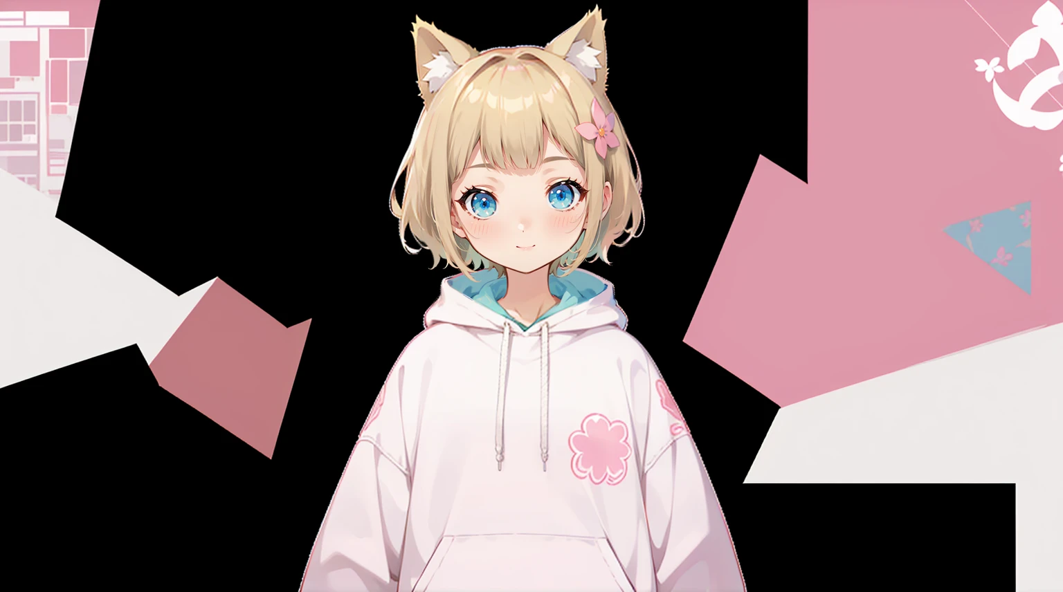 Blonde Hair、Pink hoodie、大きなFlower Hair Ornaments、An unprecedented number of draws、Flower Hair Ornaments、Floral Hair Accessories、Blonde、Cat ear、Pink hoodie、high quality、Colorful color palette、high resolution、pretty girl、 Pink hoodie、An unprecedented number of draws、Anime Style、Geometric background、Sticker Style、short hair、Blonde、Turquoise Eyes, Messy Hair, Pink hoodie、髪と同じ色のCat ear、front, Hands posing, Until death, Bondage, Baggy clothes