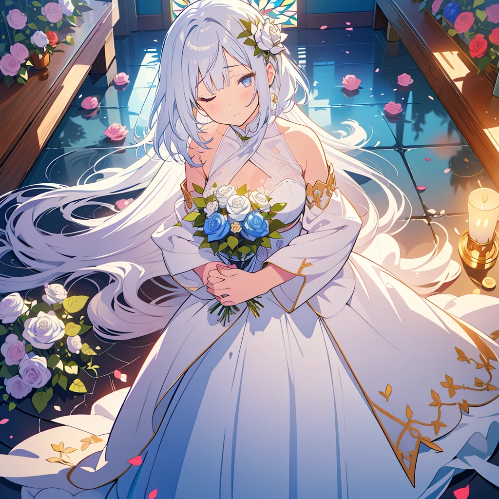 kawaii, anime, Cute, hyper quality, highly detailed, 16k, Clarity, full body, one twenty year old woman, Shining long silver hair, lapis lazuli eyes, White Rose, white rose, plant, Thorns, rose vine, buried in roses, lie down, hold your hand, sad expression, big white rose, rose petals, fog of light, lose one's legs and fall down, collapsed church, Stained glass, light shines in, Draw faces clearly, ruins, light pours down, lots of white roses, growing rose vine, rose thorn, white rose petals are dancing, offer a prayer, Draw facial expressions in detail, The only color of roses is white,