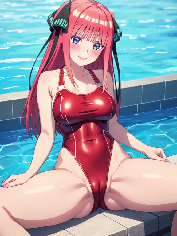 best quality, insanely detailed, nino nakano, red swimsuit, breasts, blush, swimming pool background, smile, spread legs, pussy,highleg leotard