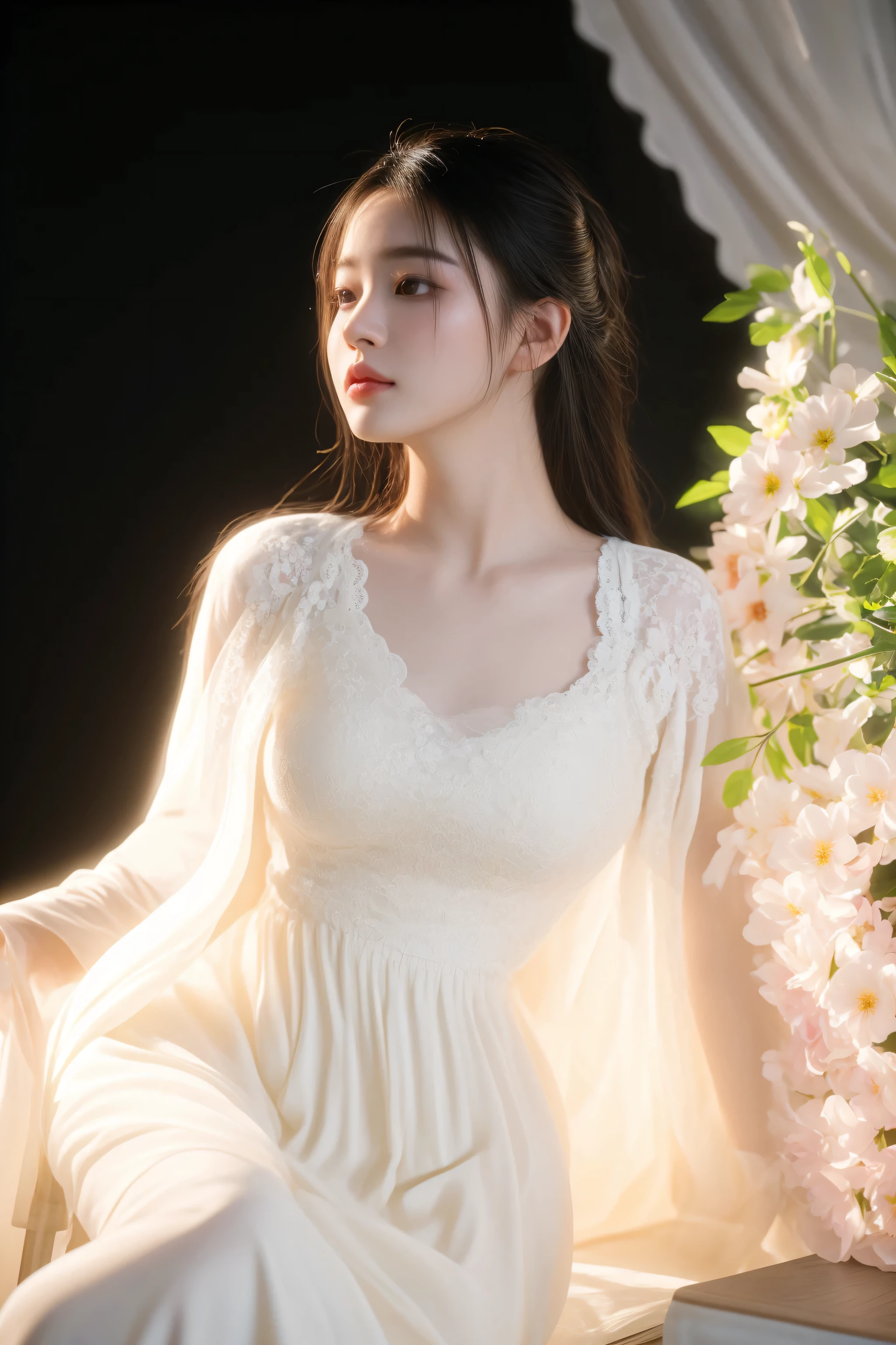 there is a woman sitting in a chair with a flower in her hand, ethereal beauty, soft ethereal lighting, ethereal and dreamy, dreamy and ethereal, very ethereal, ethereal glow, ethereal lighting - h 0, with ethereal light, guweiz, ethereal!!!!!!!, ethereal!!!, a stunning young ethereal figure, incredibly ethereal, ethereal fantasy, 🌺 cgsociety