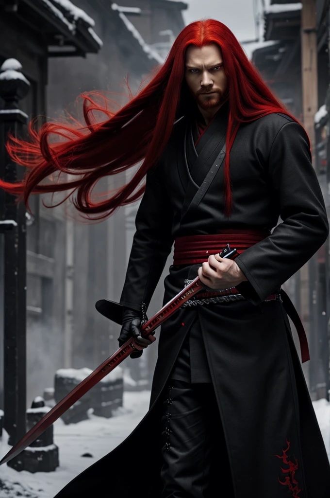 Long red hair man, Red eyes, black coat with red details, black katana with red details, Demon Slayer style