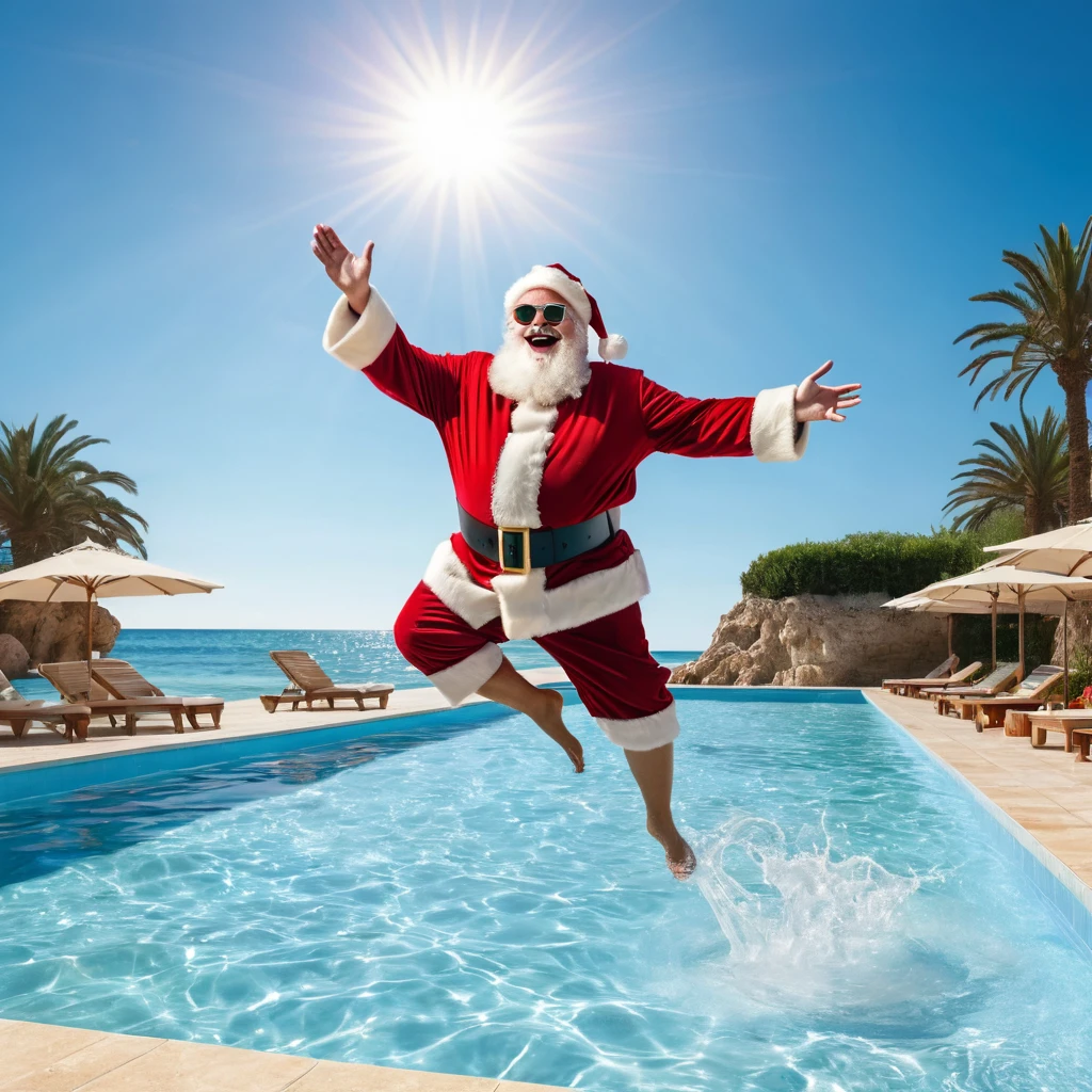 Captures an image from different angles of a very large pool in which there are some blank rectangular signs floating on the water, all the same and of the same size, and in the center of the pool there is a fat, smiling Santa Claus floating in the water bathing with sunglasses and very happy, everything takes place under a radiant sun on a Mediterranean beach with impressive lighting for a perfect shot. professional photography, 8k, RAW photo, The best quality, Masterpiece, photorealistic, Highly detailed, cinematic lighting, sharp focus, réflex digital, high resolution, photorealistic,