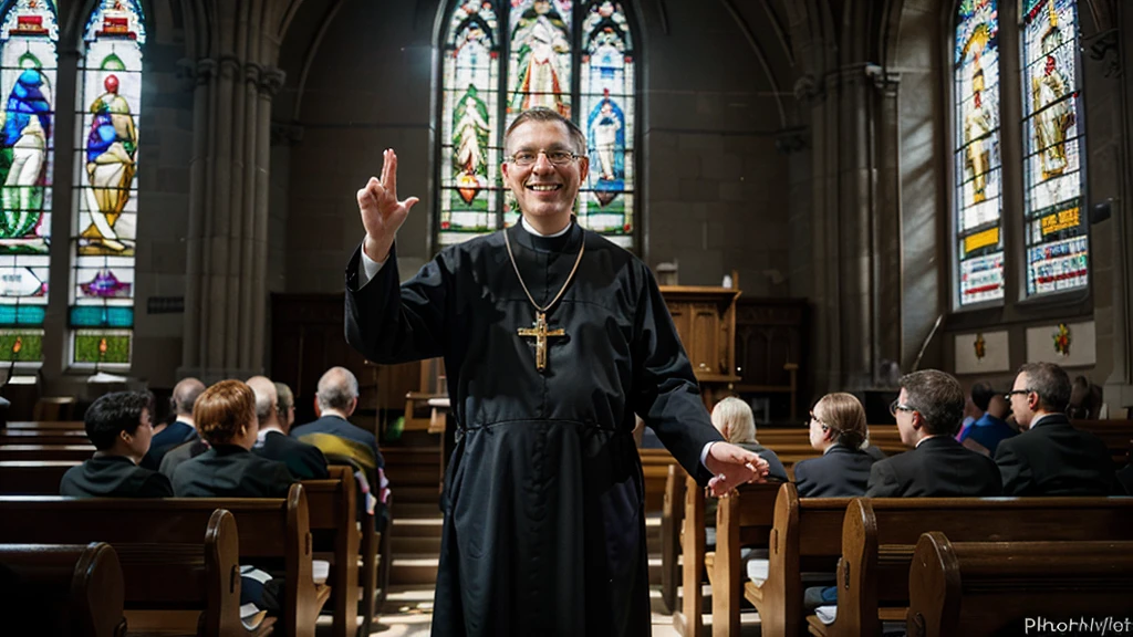 A church lit by rays of sunlight that pass through colorful stained-glass windows, with different people sitting in the pews, looking forward with expressions of hope. Focus on a smiling priest in the pulpit, with his hands extended in a gesture of welcome. Photorealism style, high resolution, 8k.