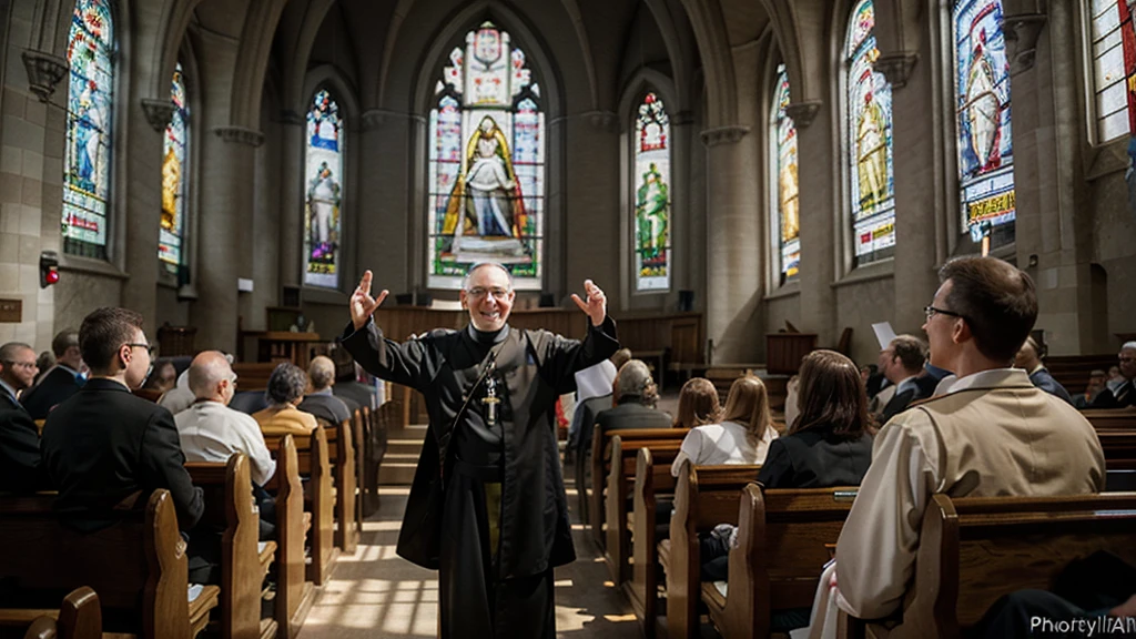 A church lit by rays of sunlight that pass through colorful stained-glass windows, with different people sitting in the pews, looking forward with expressions of hope. Focus on a smiling priest in the pulpit, with his hands extended in a gesture of welcome. Photorealism style, high resolution, 8k.