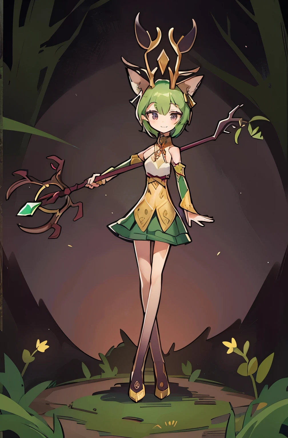 Short skirt,Hair intake,Druid Girl,Short skirt,antlers,Holding a staff,Gradient white silk,Grinning,green,gem💎,Off-shoulder,forest,life,Deer ears,Neck strap,Gold decoration