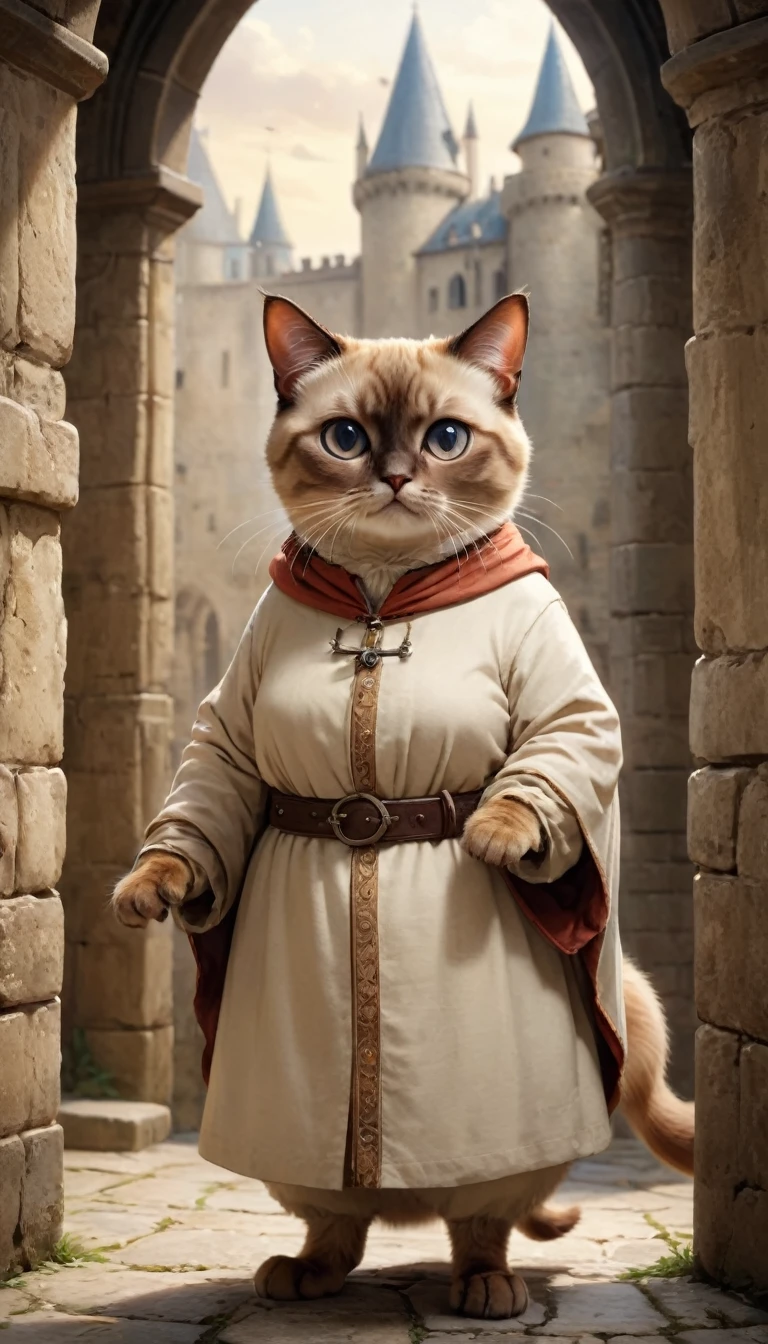 small, かわいいto be bornき物, 王子様のCostumeを着用、 whole body,small , Are standing, Costume, Inside the medieval castle、 Fantasy art, Exquisite detail, Jean-Baptiste Monge Style, office、Alan Lee Style, Anthropomorphic, Fat, Cream and brown Siamese cat with large eyes, Movie Scenes, Dramatic shot angles, , Realistic, to be born々Stunning cinematic photorealism, Action Portrait, 8k, detailed, Full Frame