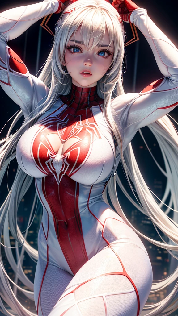 a beautiful detailed white spiderman cosplay girl,1girl,extremely detailed face and eyes,long hair,large breasts,white skin,red spider symbol on costume,8k,best quality,highres,masterpiece,realistic,photo-realistic,studio lighting,vivid colors,hyper detailed