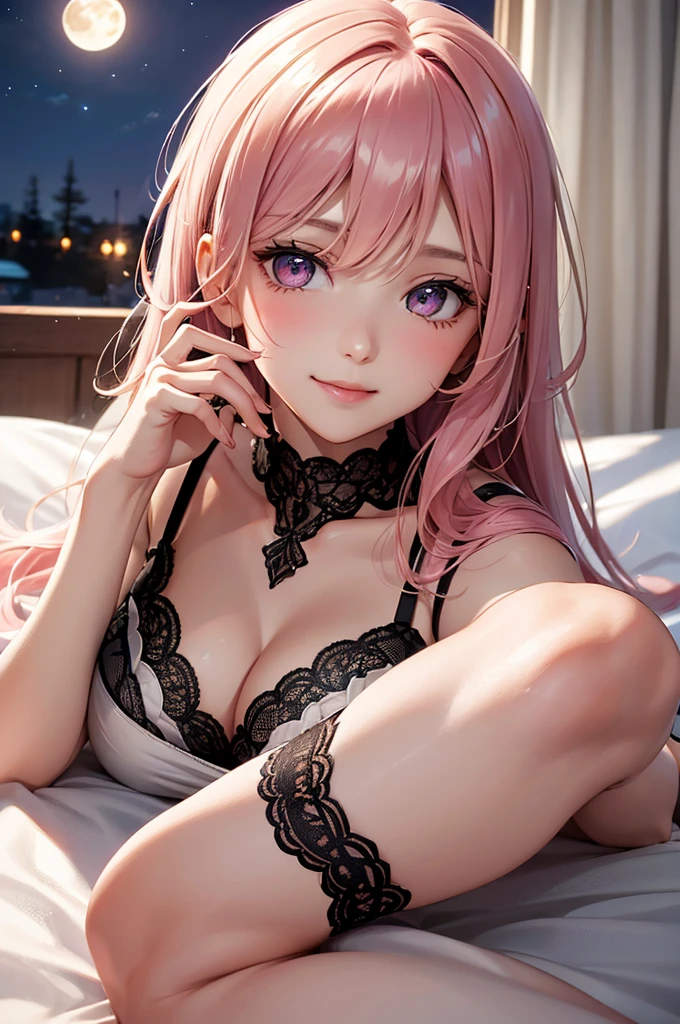 Best Quality,High resolution,8k,finelity detailed background,Masterpiece:1.2),beautiful girl,Shiny pink hair,crossed bangs,Beautiful pink eyes,Gentle look,A refreshing look,Smiling Kindly,Best quality,Best Quality,Aesthetic and aesthetic:1.2,Best details((Super detailed))(High-definition CG illustrations),Grey underwear, (dark gray,intricate lace),Slender body,night,moon,Bedroom,On the bed,smile,blush,cute,Scrounge,Looking up,Being spoiled,super model,wariza,shoot from,below