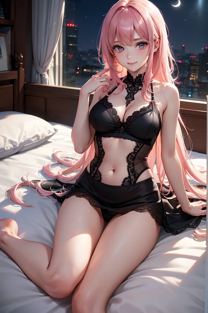 Best Quality,High resolution,8k,finelity detailed background,Masterpiece:1.2),beautiful girl,Shiny pink hair,crossed bangs,Beautiful pink eyes,Gentle look,A refreshing look,Smiling Kindly,Best quality,Best Quality,Aesthetic and aesthetic:1.2,Best details((Super detailed))(High-definition CG illustrations),Grey underwear, (dark gray,intricate lace),Slender body,night,moon,Bedroom,On the bed,smile,blush,cute,Scrounge,Looking up,Being spoiled,super model,wariza,shoot from,below