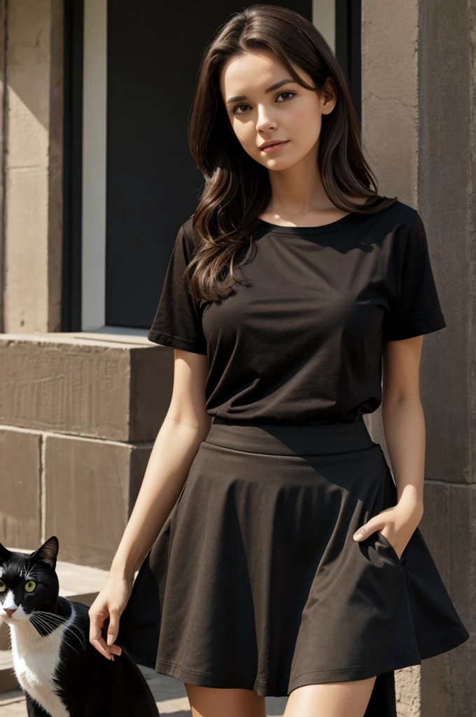 Female character with loose dark brown hair and a black t-shirt with a cat in the middle and a black skirt