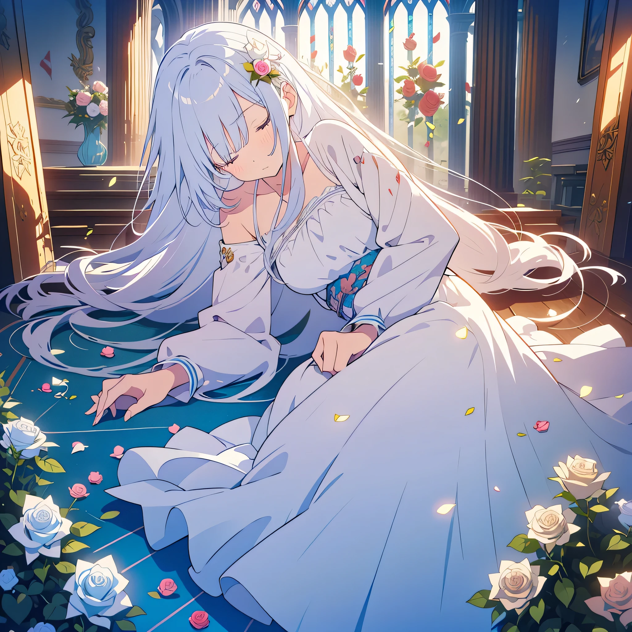 kawaii, anime, Cute, hyper quality, highly detailed, 16k, Clarity, full body, one twenty year old woman, Shining long silver hair, lapis lazuli eyes, White Rose, white rose, plant, Thorns, rose vine, buried in roses, lie down, hold your hand, sad expression, big white rose, rose petals, fog of light, lose one's legs and fall down, collapsed church, Stained glass, light shines in, Draw faces clearly, ruins, light pours down, lots of white roses, growing rose vine, rose thorn, white rose petals are dancing, offer a prayer, Draw facial expressions in detail, The only color of roses is white, 