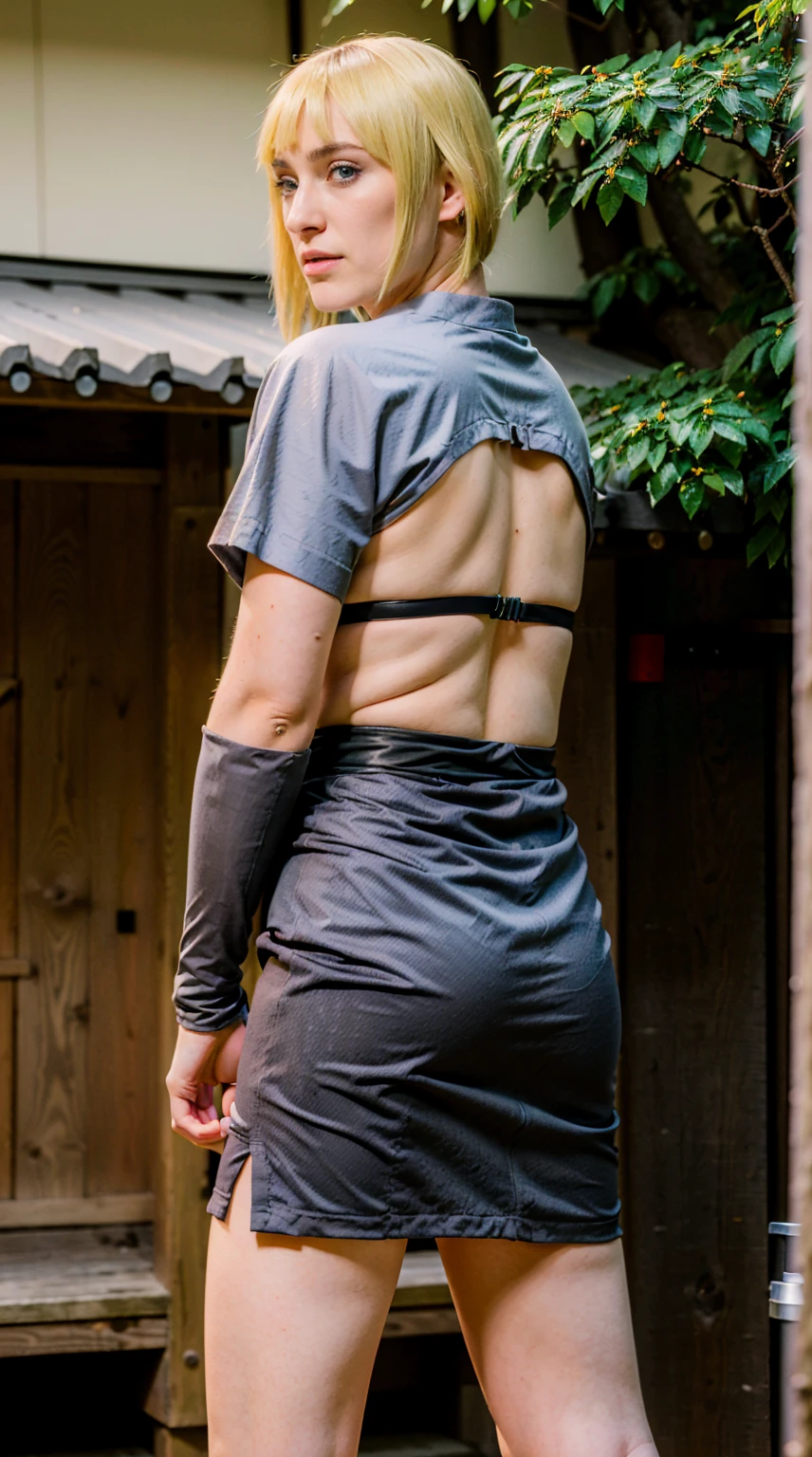 Masterpiece, Best quality,, (photorealistic1.4), (UHD), (epiCRealLife), (flashphoto),, (photorealistic1.4), (blonde hair Keira Knightley), (blonde samui), (big breasts), (cleavage), (samui costume), , (samui black kimono, (Samui red arm vambraces), (Kimono white obi pad), (Kimono obi pad belt), (cowboy shots), (red wrist armguard), (Keira Knightley smile, look at viewers), (samui, blue eyes, short hair, bangs, blunt bangs, fishnets, dress, grey dress, skirt, grey skirt, (Japanese outdoor) (in a Japanese garden), (trees), , (show back), (from behind), (Keira Knightley smile),