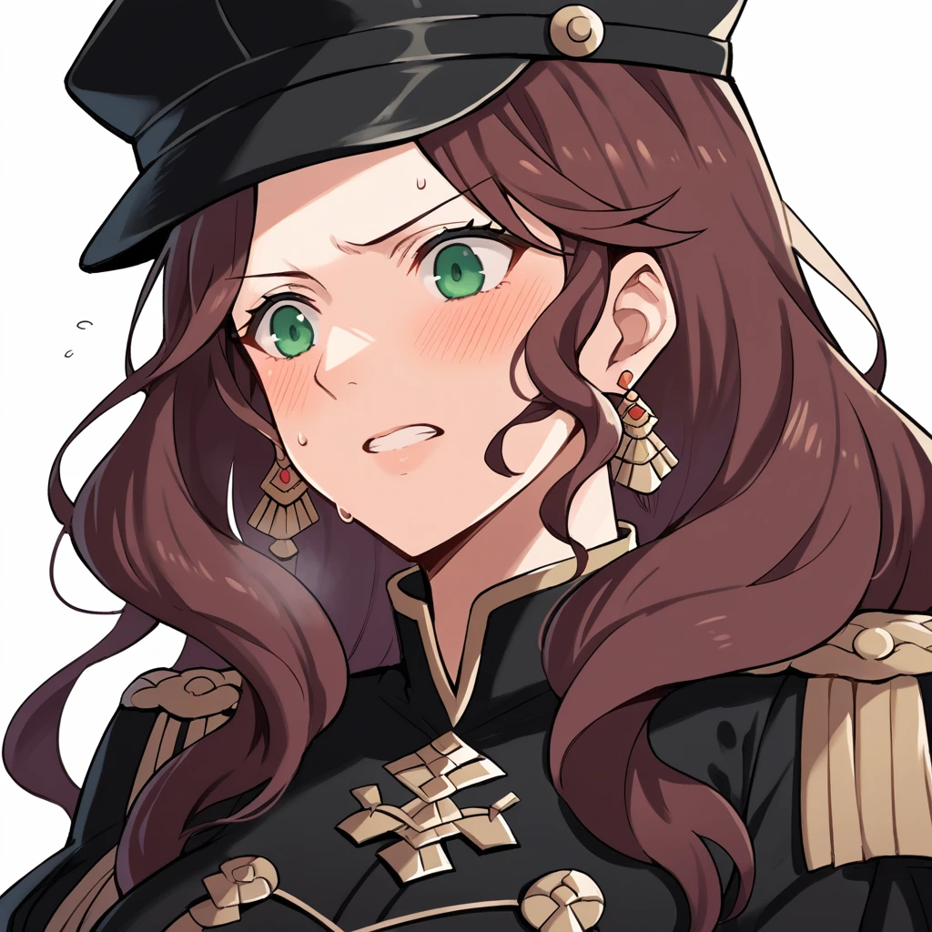 score_9, score_8_up, score_7_up, source_anime, Dorothea (Fire Emblem), bust shot, close-up, black headwear, (black long-sleeve uniform), brown hair, dangle earrings, gold trim, green eyes, jewelry, large breasts, long hair, black peaked cap, black hat, look down, aroused facial expression, teeth, blush, sweat