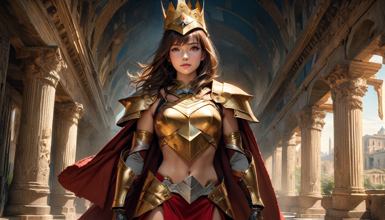 masterpiece, Best quality, 1 girl,photo, wearing hoplite armor, white toga, Studio photography, (Best quality,4K,8 K,a high resolution,masterpiece:1.2), ultra detailed, (realistic,photorealistic,photo-realistic:1.37), portraits, HDR, Greek mythology, cowboy shot ,realistic, Best quality, masterpiece, realistic , 1 person, crown, shoulder pads armor, armored boots,mittens, standing, Brown hair, whole body, Holds a great sword, breastplate, Leggings, I look at the viewer, boots, shoulder armor, Brown eyes, e.g,galea helmet, flutter e.g, Rome city background , atmospheric perspective. , ancient temples and marble columns are softly blurred in the background, the evening Mediterranean light casts a warm glow on her porcelain skin., High-resolution image, digital painting, Spiritual peace, golden ratio composition, cowboy shot, brilliant, brilliant hair, (night:1.2),Dreamy, [[gentle fingers and hands:0.55]::0.85],(detailed fingers),),(emotional),(breathtaking),(main part:1.2) whole body.), (Anime Style), (Super Detailed), (brutal), (uhd, HDR), (8k), (High Resolution: 1.2), (Complex and Beautiful: 1.2)