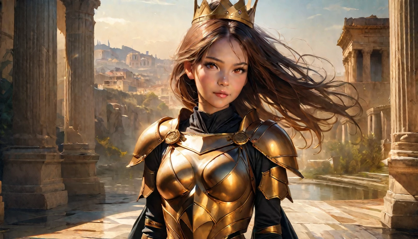 masterpiece, Best quality, 1 girl,photo, wearing hoplite armor, white toga, Studio photography, (Best quality,4K,8 K,a high resolution,masterpiece:1.2), ultra detailed, (realistic,photorealistic,photo-realistic:1.37), portraits, HDR, Greek mythology, cowboy shot ,realistic, Best quality, masterpiece, realistic , 1 person, crown, shoulder pads armor, armored boots,mittens, standing, Brown hair, whole body, Holds a great sword, breastplate, Leggings, I look at the viewer, boots, shoulder armor, Brown eyes, e.g,galea helmet, flutter e.g, Rome city background , atmospheric perspective. , ancient temples and marble columns are softly blurred in the background, the evening Mediterranean light casts a warm glow on her porcelain skin., High-resolution image, digital painting, Spiritual peace, golden ratio composition, cowboy shot, brilliant, brilliant hair, (night:1.2),Dreamy, [[gentle fingers and hands:0.55]::0.85],(detailed fingers),),(emotional),(breathtaking),(main part:1.2) whole body.), (Anime Style), (Super Detailed), (brutal), (uhd, HDR), (8k), (High Resolution: 1.2), (Complex and Beautiful: 1.2)