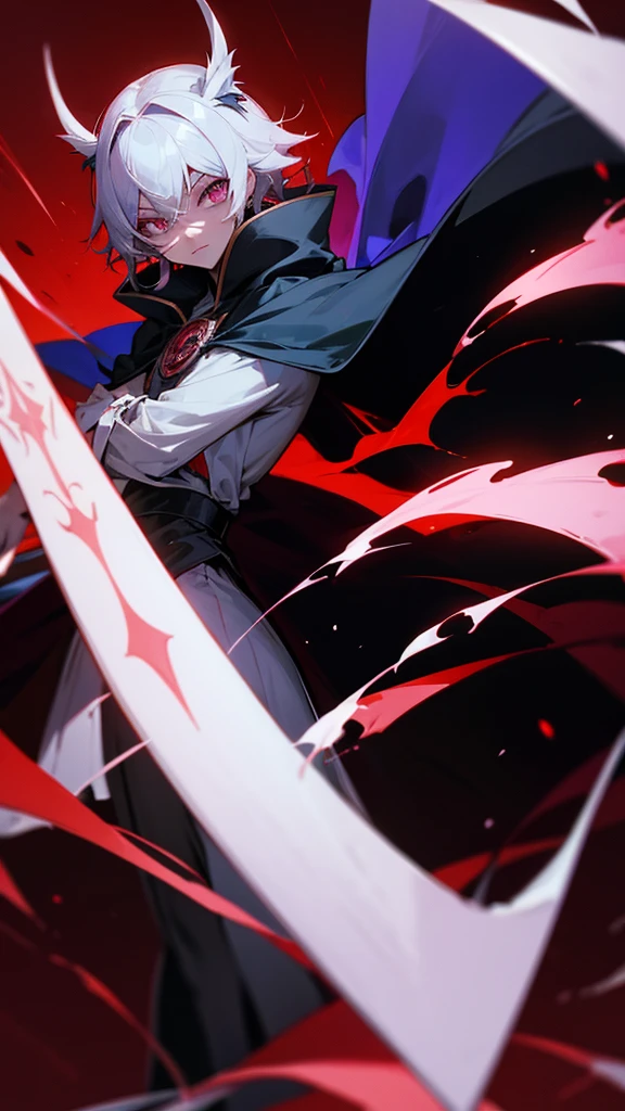 An anime villain, with bright and dark eyes, A long cape, I can&#39;t see your face, but you can see his scary eyes and his evil smile, in the background black theme, murky