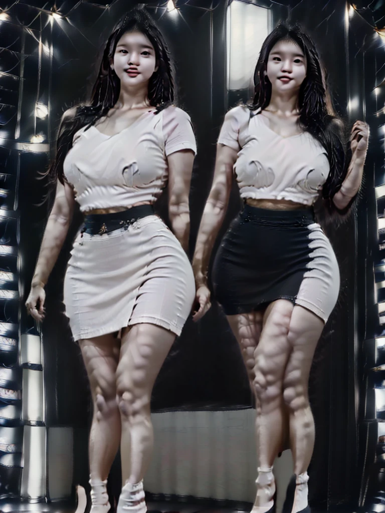 A Korean woman wears a white shirt, short spandex skirt and thin black stockings and high heels