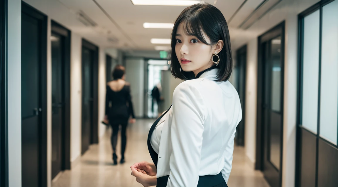 Woman walking down an office corridor, White wall, Grey table, plant, Sexy pose, Blur the background, concentrated,
(((masterpiece))), ((Highest quality)), ((Intricately detailed)), ((Surreal)), Absurd resolution, Mature Woman, Mature Japanese Woman, perspective, Very detailed, figure, One girl, ((Large Breasts)), Perfect hands, Detailed fingers, Beautiful attention to detail, short hair, Black hair, brawn eyes, Name tag, chief executive officer（CEO）, (business attire:1.2), Open blazer, shirt, Tight Skirt, Black choker, Earrings, Detailed Background, Bedroom, Perfect Eyes, Seductive eyes, Looking at the audience, From the back