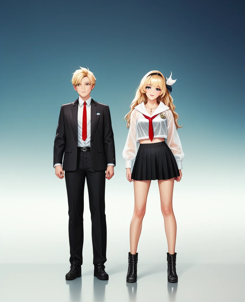 ((best quality)), ((masterpiece)), (detailed), With translucent white yellow skin，Beautiful girl with slender limbs，Hands are not holding anything，Eyes are light yellow，With long straight hair that is almost gray-black，Wearing suit and black top，loose red tie，Black Japanese schoolgirl miniskirt，Wearing a white hooded jacket，Wearing black boots，Very quiet attitude，The breeze gently blows the hair，Full body photo of the front，Give people the feeling of first love。