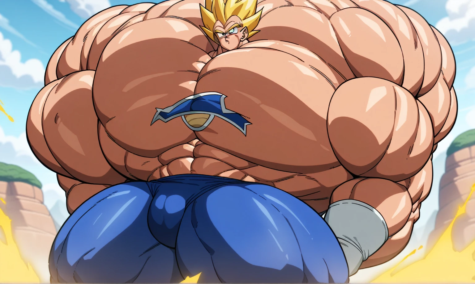 1boy, Vegeta, from Dragon Ball Z, masterpiece, best quality, very aesthetic, absurdres, saiyan, green eyes, spiked hair, (yellow hair:1.5), shirtless, blue skintight pants, white gloves, (huge muscles:3), Dragon Ball Z artstyle, in the style of Akira Toriyama, white tiled floor, outdoors, flat-top mountains, nipples, yellow aura, electricity