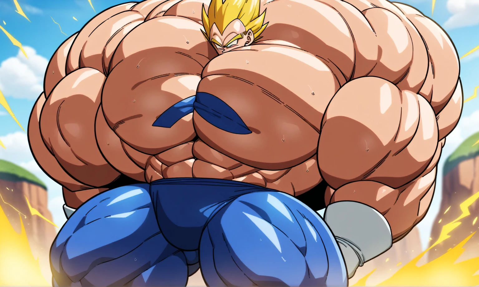 1boy, Vegeta, from Dragon Ball Z, masterpiece, best quality, very aesthetic, absurdres, saiyan, green eyes, spiked hair, (yellow hair:1.5), shirtless, blue skintight pants, white gloves, (huge muscles:3), Dragon Ball Z artstyle, in the style of Akira Toriyama, white tiled floor, outdoors, flat-top mountains, nipples, yellow aura, electricity