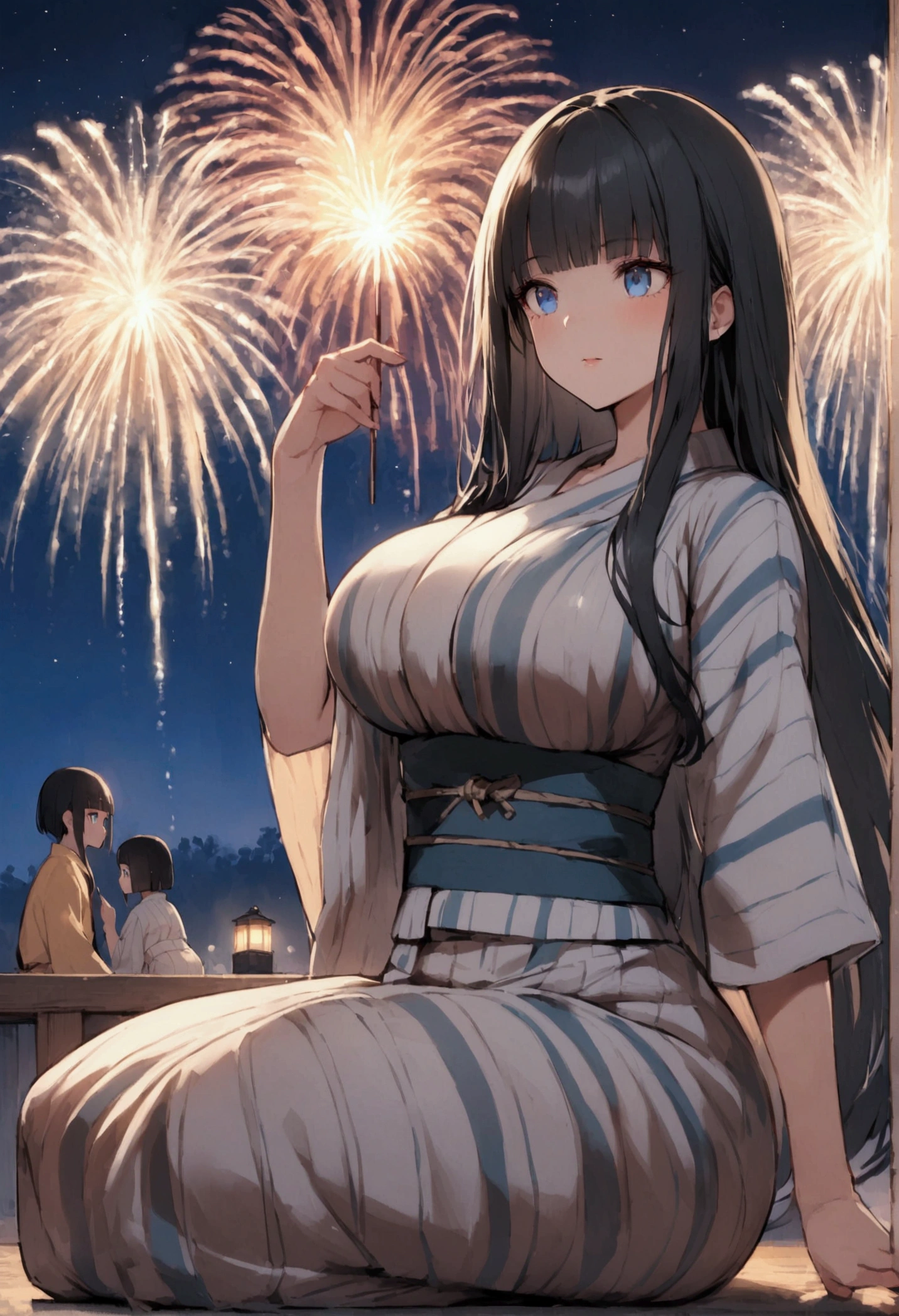 Hime cut with long black hair、Full-body illustration of a girl with straight bangs and blue eyes、Have big breasts、Wearing a yukata、Watching fireworks