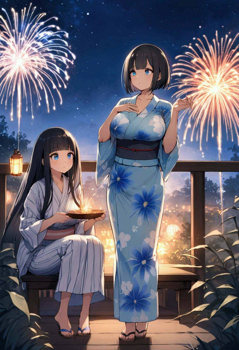Hime cut with long black hair、Full-body illustration of a girl with straight bangs and blue eyes、Have big breasts、Wearing a yukata、Watching fireworks