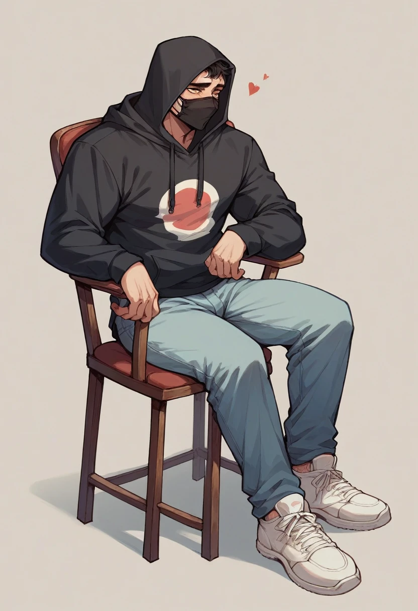 A guy wear black hoodie black joggers white shoes black mouth mask on his face mountains with littlebite snow suneast he is sitting on chair fire sky is very beautiful in suneast that guy is sad