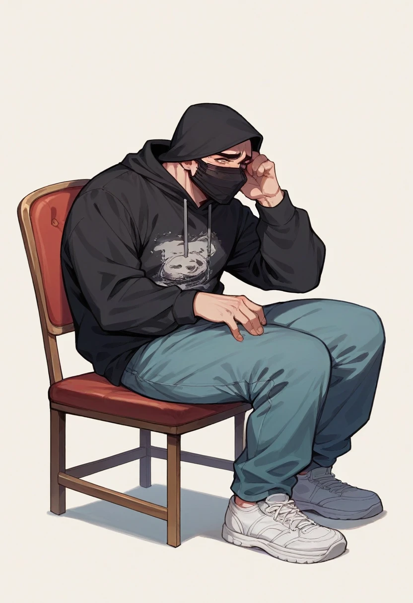 A guy wear black hoodie black joggers white shoes black mouth mask on his face mountains with littlebite snow suneast he is sitting on chair fire sky is very beautiful in suneast that guy is sad