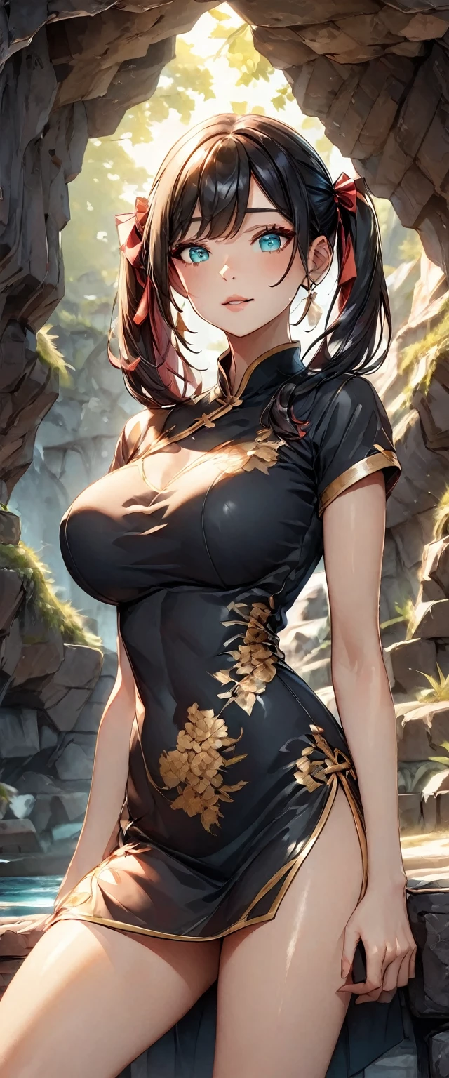 Photo of a woman with natural skin, Upper Body, Seaside cave, The light is shining in, High Twintails, Black hair with red mesh, Sharp eyes with red eyeshadow, Blue-green eyes, Shining eyes, A thin, upturned nose, Well-shaped lips, Big Breasts, ((China dress, Short sleeve)), barefoot, Makeup, Exquisitely crafted with the utmost attention to detail, Vibrant, amazing, Smooth, Cinematic, 4K, Backlight, (()), Shallow depth of field, ((Detailed eyes:1.3, Detailed lips:1.3, high quality, )), masterpiece, Super detailed images, High quality