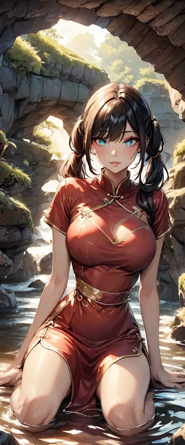 Photo of a woman with natural skin, Upper Body, Seaside cave, The light is shining in, High Twintails, Black hair with red mesh, Sharp eyes with red eyeshadow, Blue-green eyes, Shining eyes, A thin, upturned nose, Well-shaped lips, Big Breasts, ((China dress, Short sleeve)), barefoot, Makeup, Exquisitely crafted with the utmost attention to detail, Vibrant, amazing, Smooth, Cinematic, 4K, Backlight, (()), Shallow depth of field, ((Detailed eyes:1.3, Detailed lips:1.3, high quality, )), masterpiece, Super detailed images, High quality