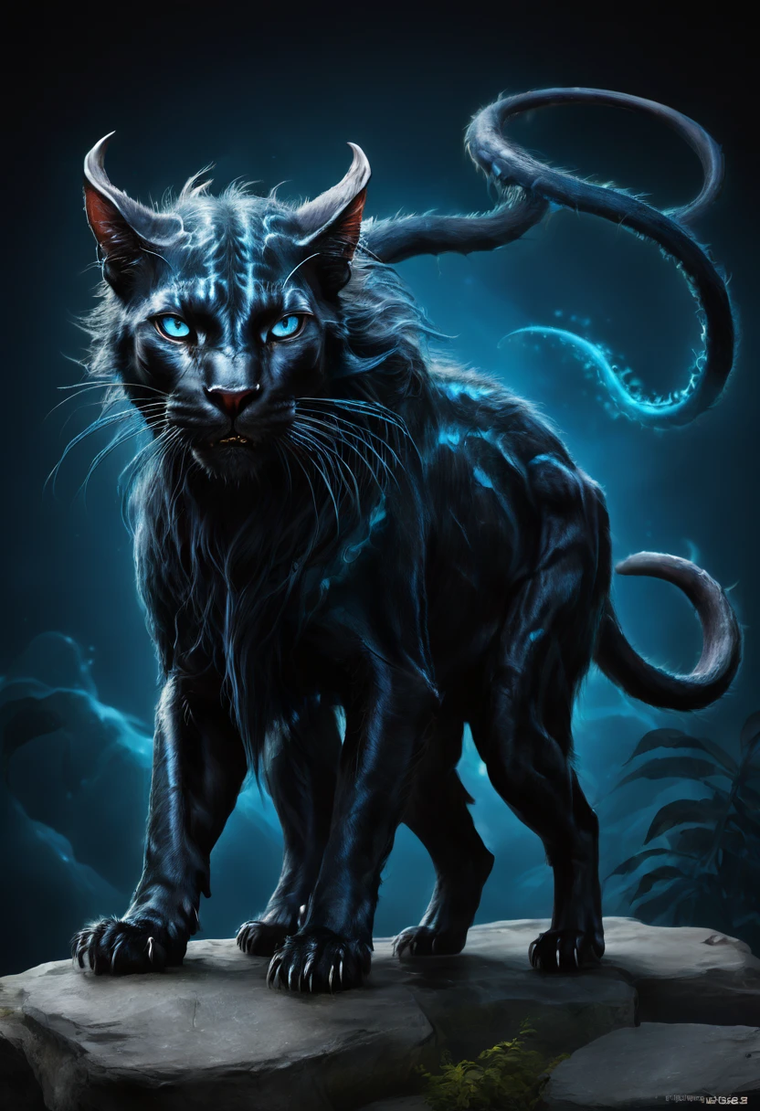 DISPLACER BEAST, feral, solo, FELINE BODY, HORROR, ((six legs, six paws)), DISPLACER beast looks like a large cat, covered with smooth blue-black fur. Its alien origins are obvious from the six legs and two tentacles that grow from its shoulders, ending in pads with sharp spines. The beast's eyes glow with a terrifying malice that persists even after its death.