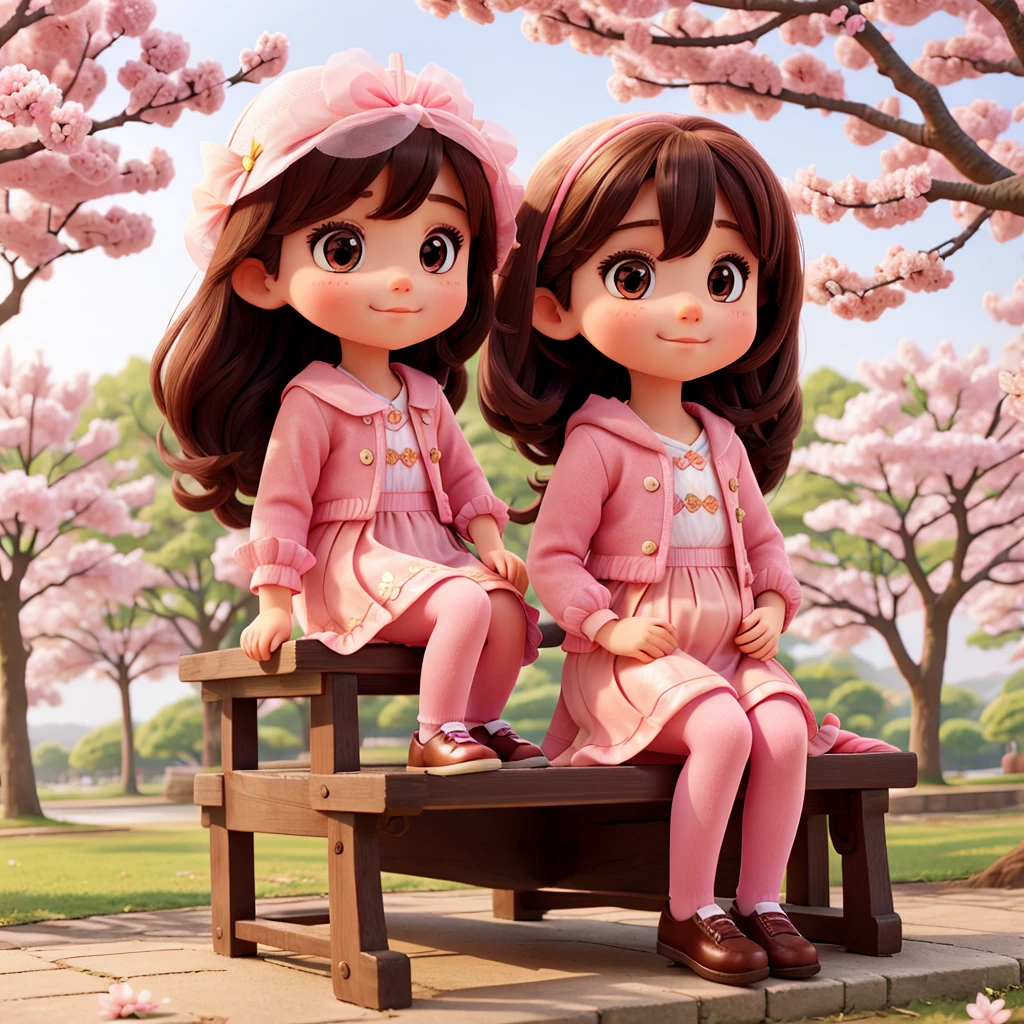 Young beautiful girl dressed in pink baby happy and grateful for life, she is sitting in the most beautiful park in korea where there are cherry blossoms 🌸, is looking as far away as possible.