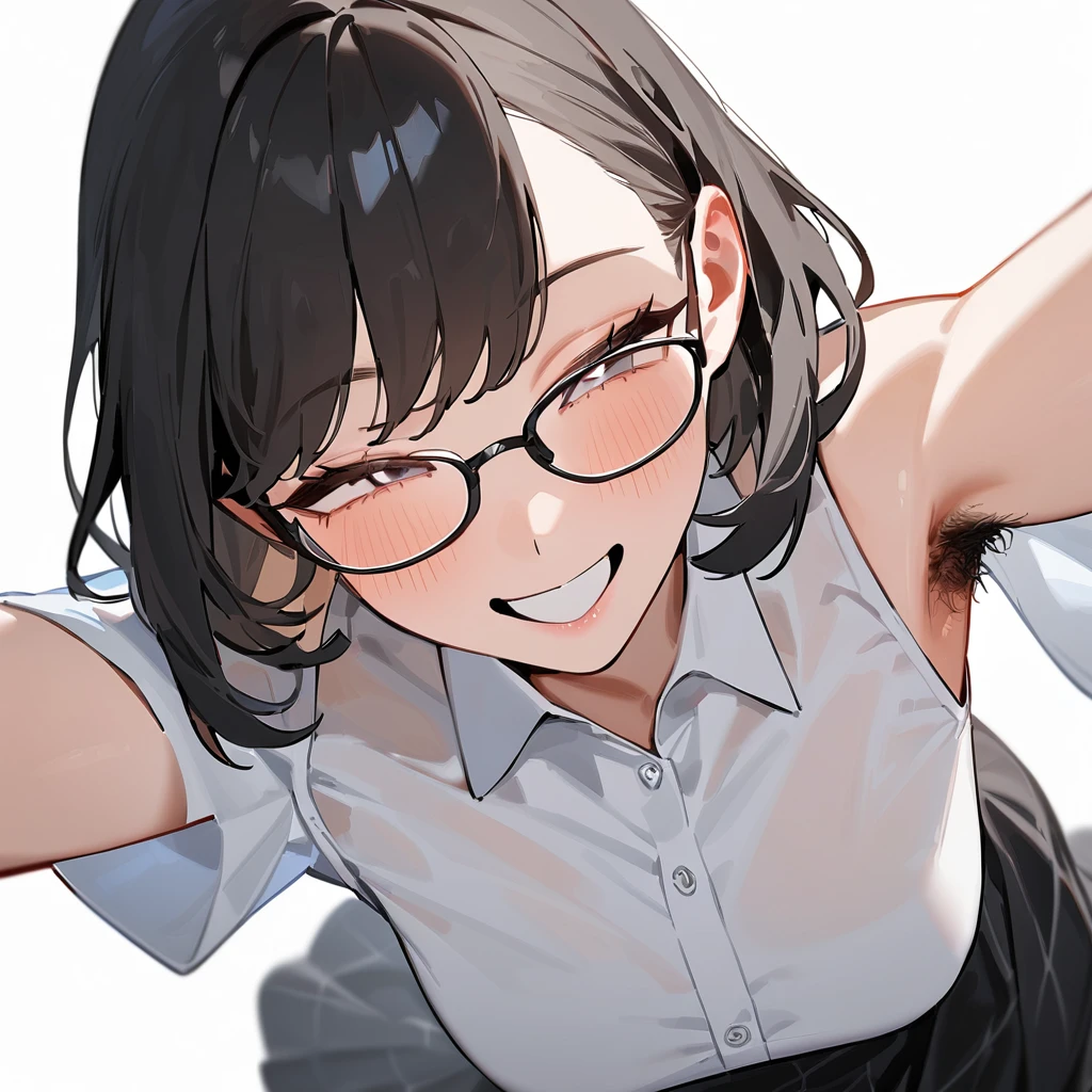masterpiece, Highest quality, so beautiful, Absurd,
One girl, alone, Black Hair, Bobcut,
Thermont 16A, Glasses,
Collared shirt, Flared long skirt、Happy, smile, Sticking out tongue、Armpit Hair、Hair growing under the arms、She is raising her arms to show her armpits to the camera、View your viewers, White Background, Simple Background,The subject's entire body is captured、NSFW、One girl, alone,
