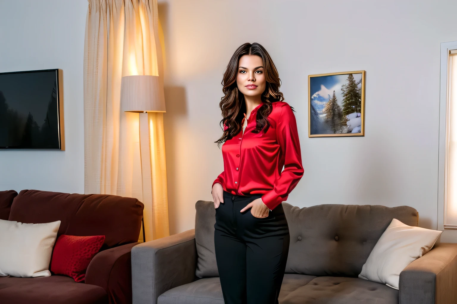 40 year old woman plows in front of a Christmas tree, wearing a red blouse and black pants, with a red background, in red and black, She is looking directly at the camera with a neutral expression. The living room has yellow walls and there is a sofa in the background. Wearing festive clothes, wearing a red blouse, black pants, with a tree in the background. Fitness body. Woman in good physical shape, fitness woman, perfect face, perfect mouth.

Woman, ((Masterpiece, best quality)), full body view, detailed skin, highly detailed, cinematic lighting, ultra realistic, dark brown hair, medium hair, portrait, full body view, contrast, close-up, cinematic light, ultra-high resolution, RAW.

Woman with white skin and dark brown hair. She is around 40 years old, 165 cm tall and weighs 56 kg. She has a perfect mouth, a perfect face. Her body exudes glamor and her face is a definition of beauty. Slender body, thin waist. Highly realistic, hyperrealism, very elaborate skin, perfect face. Sharp Photo, High Resolution, High Quality, Masterpiece, 16K Photo, High Contrast, Masterpiece, Nude, Nude, NSFW.