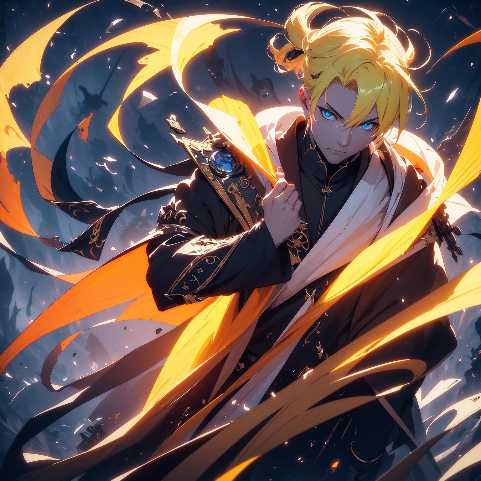 (Onmyoji theme)), (in 8K、top-quality、​masterpiece:1.2)、Vampire、Cyberpunk men、fantasy worlds、dark backgrounds、Clean design、Magnificent Instagram、art stations、Colorful paint splatter、silhuette、Ultra-detailed intricate details、unrealengine、Fantasia、intricate detailes、Splash Screen、Complementary color scheme、Fantasy concept art、an oil painting、heavy strokes、Paint dripping、(isolated on white:1.3)、Rainbow skin、(((Handsome young man)))、(glowingblueeyes)、 ((Bright eye)), (( Spiky Hair, Yellow hair:1.1))), ((Black Millitary Coat)), (prinz\\(indifferent look\\),(Wearing a luxurious black robe with high detail))), Yellow-haired, Frost Rune magic, ((Wizard)).