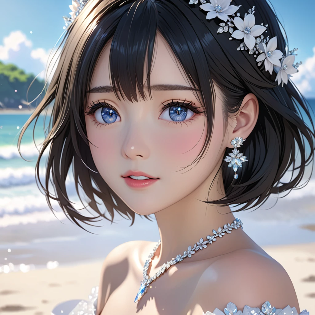 National Science Foundation,masterpiece,High resolution,8k,Art,digit,Three-dimensional,Realism,Kyoto Animation Style,your name movie style,looking into camera,On the scenic beach,(1 girl: 1.3),(alone: 1.4),(Gorgeous,Sparkling Off-the-Shoulder Wedding Dress),(Swarovski crystals on wedding dress),White rose crown,white crystal necklace,White crystal earrings,Black hair,Long eyelashes,Slender legs,Short Bob,Close-up of upper body,Close-up,(Close up),Eyes as deep as the starry sky,shy,blush,open mouth