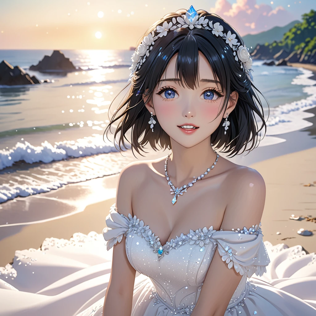 National Science Foundation,masterpiece,High resolution,8k,Art,digit,Three-dimensional,Realism,Kyoto Animation Style,your name movie style,looking into camera,On the scenic beach,(1 girl: 1.3),(alone: 1.4),(Gorgeous,Sparkling Off-the-Shoulder Wedding Dress),(Swarovski crystals on wedding dress),White rose crown,white crystal necklace,White crystal earrings,Black hair,Long eyelashes,Slender legs,Short Bob,Close-up of upper body,Close-up,(Close up),Eyes as deep as the starry sky,shy,blush,open mouth