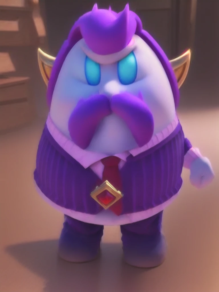 haltmann, purple hair, purple mustache, arms, wearing a dark blue suit with pink vertical lining, pink shirt, red tie, black shoes, gold suit button with a red diamond, pale purple gloves, pink cuffs, pale purple skin, blue eyes, golden earpiece with antenna
