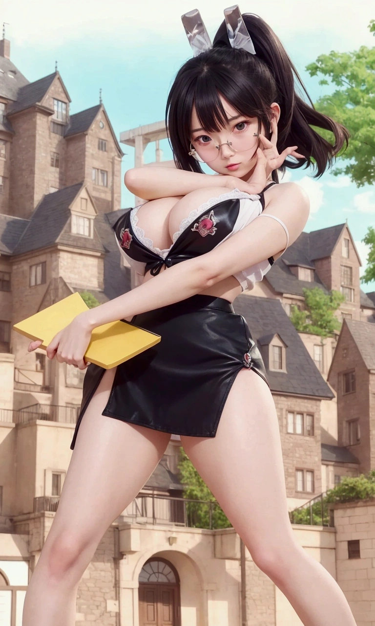 Anime girl in a short skirt holds a knife in front of a building., anime moe art style, Full picture of the short story!, Gouvice, Charming anime girl, Eiji anime style, Exaggerated , Kuchart Krenz Key Art Feminine, A very detailed RTM pathogen., , smooth cg anime art, very big breasts, realistically, Young woman, wear glasses