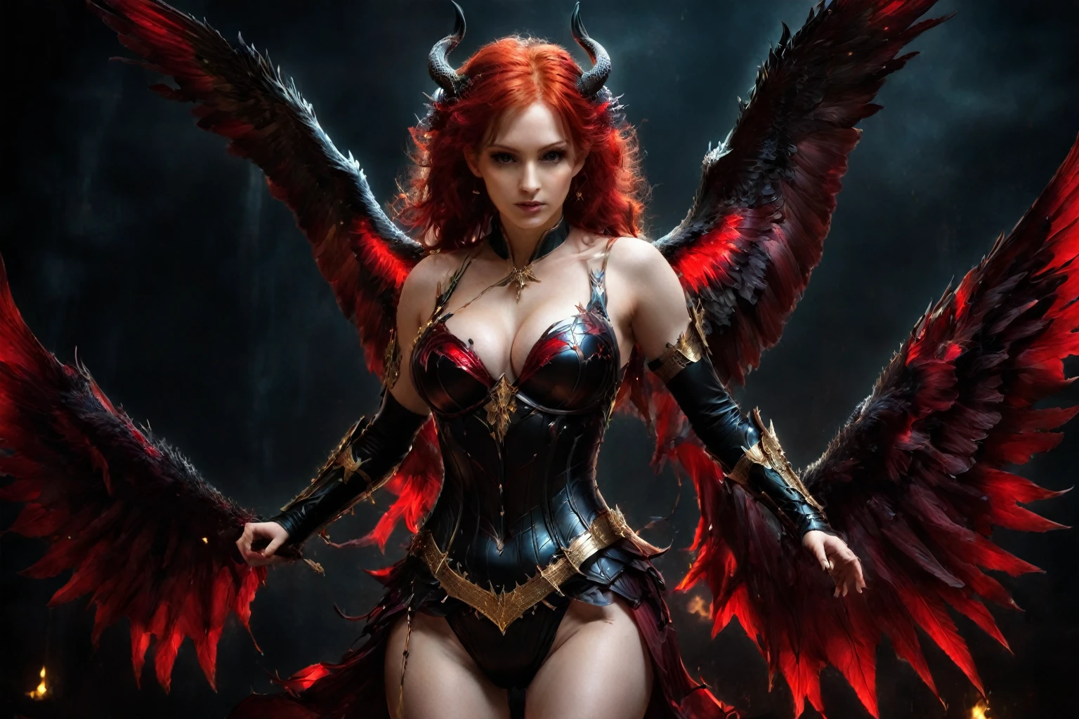 arafed woman with red hair and wings in a dark room, beautiful succubus, succubus | medieval, raven winged female vampire, succubus, diablo 4 lilith, succubus in tight short dress, gothic fantasy, villainess has black angel wings, lilith, beautiful elegant demon queen, cinematic goddess body shot, epic fantasy, ultra-high resolution, 4k, UHD, (masterpiece:1.2), awardwinning