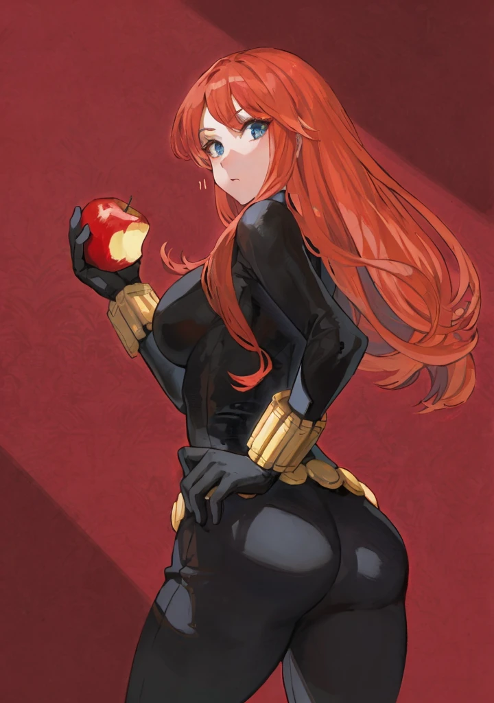 The image is a digital illustration of a red-haired woman wearing a sleek, tight-fitting black latex leather bodysuit. She also wears a belt made with golden circles at the waist and a golden wrist guard adorned with golden sticks at the wrist. She is holding an eaten apple. Her posture and the expression suggested through the descriptions convey confidence and a combination of boldness and seductiveness. The use of color, posture, and expression in the illustration suggests a narrative or character of significant power or intrigue, possibly in a fantasy or superhero context, with a blend of traditional and modern elements reflecting a complex character identity.