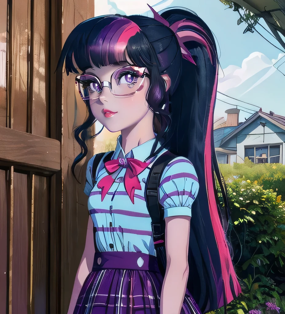 (mlptwilight:1.2), (pink skin), (long hair, ponytail, straight hair, black hair with purple and pink strips, bangs:1.0), striped shirt, purple skirt, pink neck bow, purple eyes, long hair, garden((величественный фон 1.5))