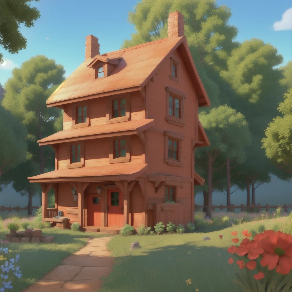 there is a small red house with a blue roof and a fence, 3D stylized scene, Game Graphics, a pequena house in the florest, renderizado em unidade 3 d, animation still, animation style rendering, house in the florest, cartoon rendering, video game still, realistic establishing shot, hyper detailed scene, country house up close, cottage in the woods, 2D rendering