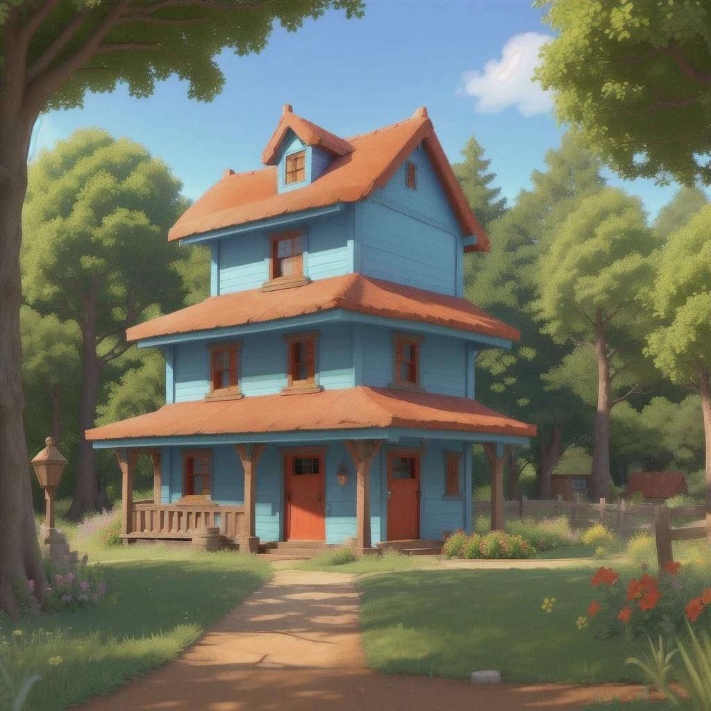 there is a small red house with a blue roof and a fence, 3D stylized scene, Game Graphics, a pequena house in the florest, renderizado em unidade 3 d, animation still, animation style rendering, house in the florest, cartoon rendering, video game still, realistic establishing shot, hyper detailed scene, country house up close, cottage in the woods, 2D rendering