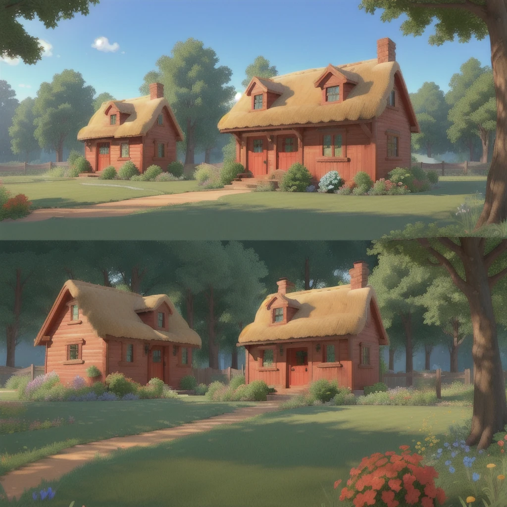 there is a small red house with a blue roof and a fence, 3D stylized scene, Game Graphics, a pequena house in the florest, renderizado em unidade 3 d, animation still, animation style rendering, house in the florest, cartoon rendering, video game still, realistic establishing shot, hyper detailed scene, country house up close, cottage in the woods, 2D rendering