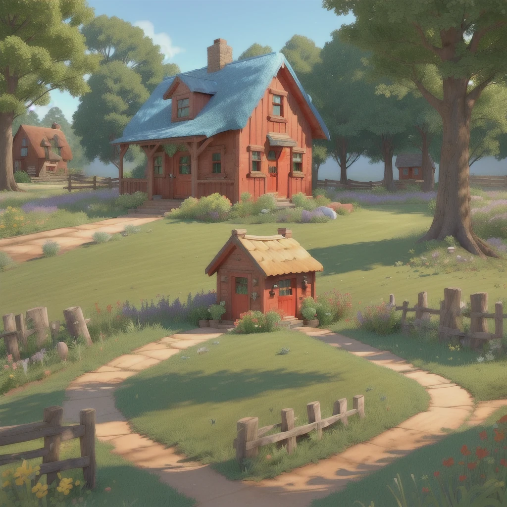 there is a small red house with a blue roof and a fence, 3D stylized scene, Game Graphics, a pequena house in the florest, renderizado em unidade 3 d, animation still, animation style rendering, house in the florest, cartoon rendering, video game still, realistic establishing shot, hyper detailed scene, country house up close, cottage in the woods, 2D rendering