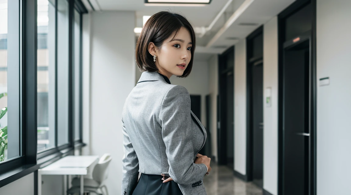 Woman walking down an office corridor, White wall, Grey table, plant, Sexy pose, Blur the background, concentrated, (((masterpiece))), ((Highest quality)), ((Intricately detailed)), ((Surreal)), Absurd resolution, Mature Woman, Mature Japanese Woman, perspective, Very detailed, figure, One girl, ((Large Breasts)), Perfect hands, Detailed fingers, Beautiful attention to detail, short hair, Black hair, brawn eyes, Name tag, chief executive officer（CEO）, (business attire:1.2), Open blazer, shirt, Tight Skirt, Black choker, Earrings, Detailed Background, Bedroom, Perfect Eyes, Seductive eyes, Looking at the audience, From the back