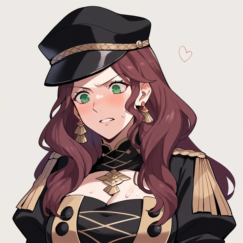 score_9, score_8_up, score_7_up, source_anime, Dorothea (Fire Emblem), bust shot, close-up, black headwear, (black long-sleeve uniform), brown hair, dangle earrings, gold trim, green eyes, jewelry, large breasts, long hair, black peaked cap, black hat, look down, aroused facial expression, slightly-open eyes, teeth, blush, sweat